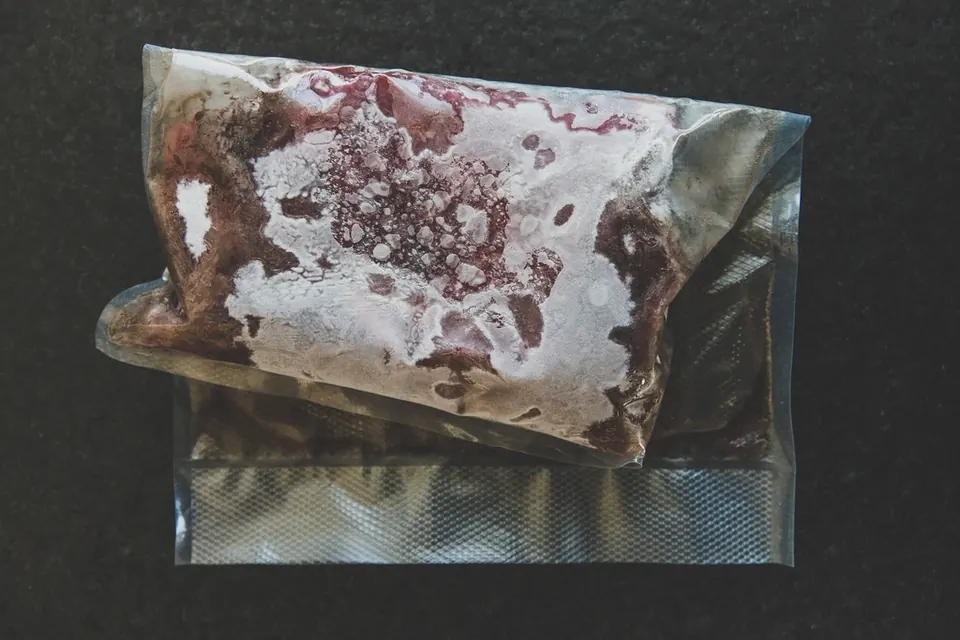 A frozen cut of meat in a frosted vacuum-sealed bag on a dark surface